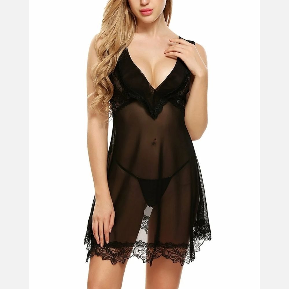 Women Sexy Lingerie Deep V See Through Babydoll Lace Sleepwear Nightwear US